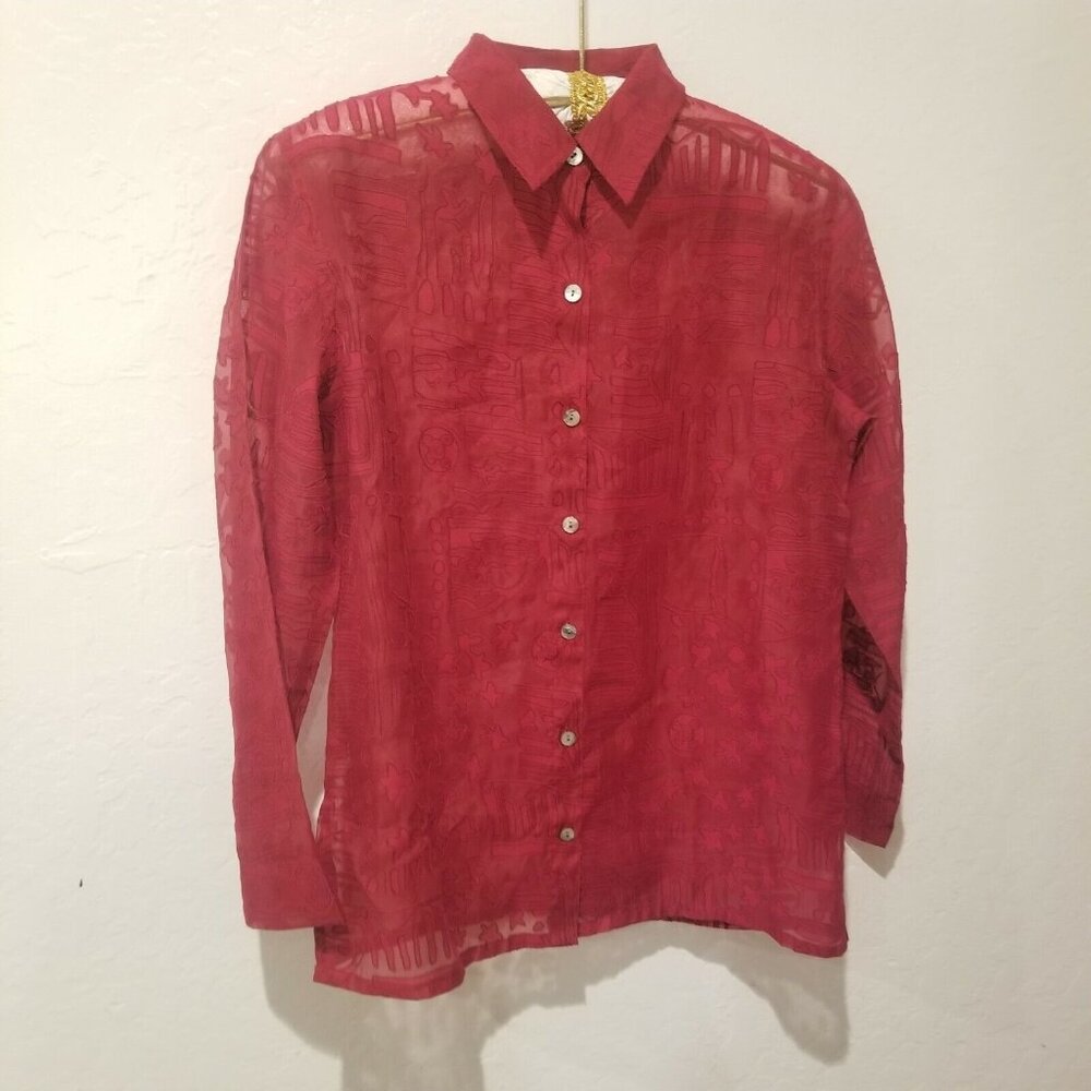 Chico's Top Women's Size 1 Casual Button Down Sheer Blouse Long Sleeves Geo Red